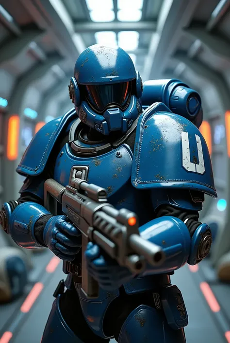 ((best quality, masterpiece, score_9, score_8_up, realistic, photograph, life-like)), male in armor that looks like a Space Marine Warhammer blue armor with a white "U" on the pauldron, wielding a bolt pistol, background inside a futuristic spaceship contr...