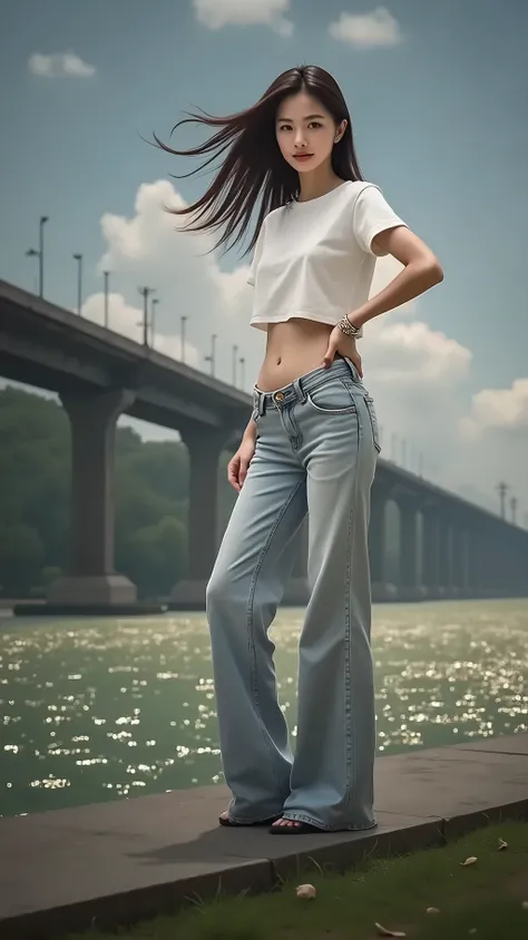  "I am an Asian woman wearing a crop top t-shirt and jeans, posing with my back to the sparkling water caused by the sunlight on the river from a bridge, gazing at the camera with my hair blowing in the w







More human look and long hair

Full picture 