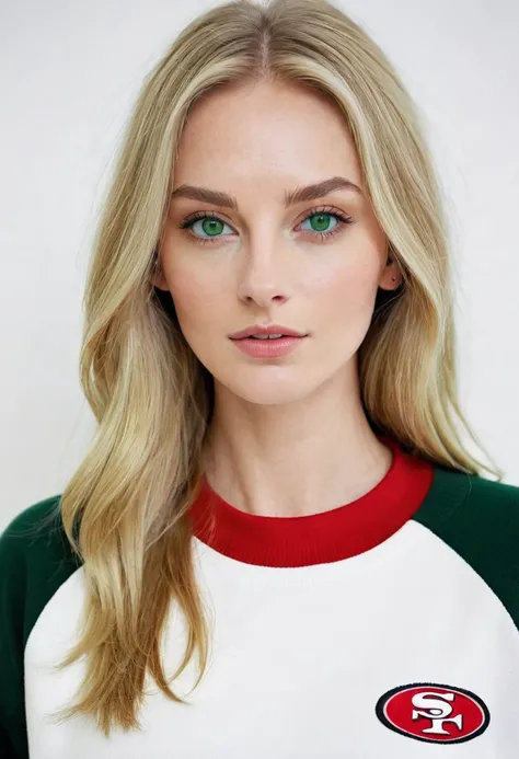 Women,  white skin, slim body, oval face, blonde hair,  long hair, green eyes, wearing a black blouse, Red Jersey, white sweatshirt, in a white room,