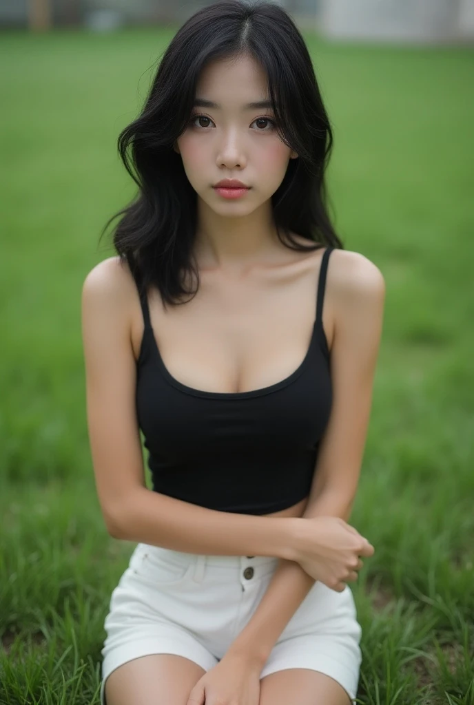 {Photorealistic, Highest Quality, Highest Resolution} A asian girl in a grassy backyard, wearing tight black tank top, white leggings shorts, braless, black hair, medium breasts, slim, photogenic, overcast sky, closeup portrait, studio lighting, looking at...