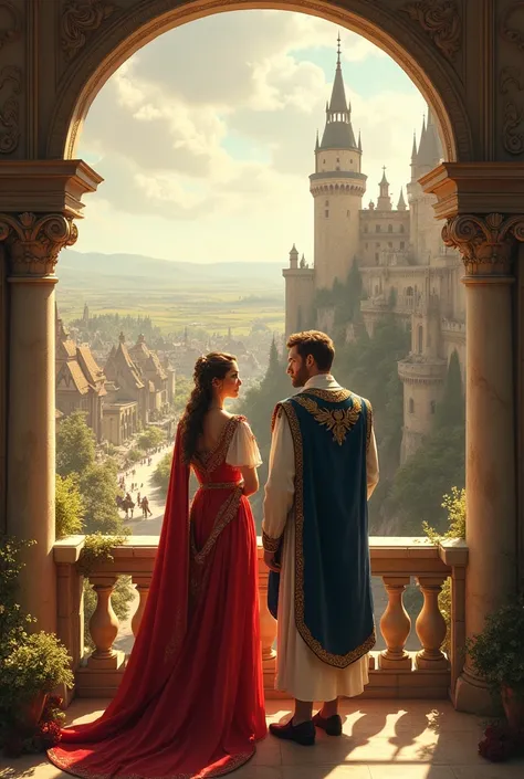 A prince and a Princess living in a palace looking at a village out of balcony 