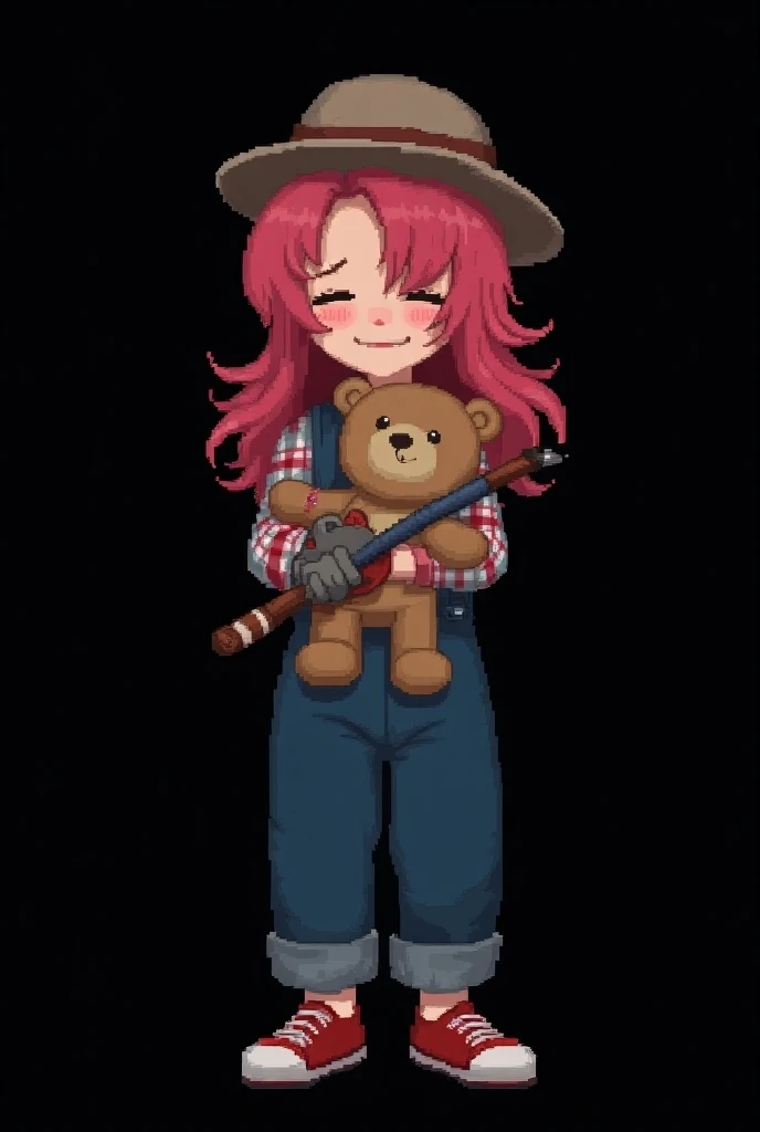 1girl, overalls, black background, long hair, simple background, solo, :3, stuffed toy, holding, plaid shirt, blue overalls, teddy bear, stuffed animal, full body, hat, plaid, pink hair, shoes, shirt, standing, closed mouth, long sleeves, closed eyes, paro...