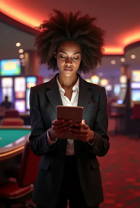 1 girl, brown hair, afro curly, with suit , work tablet in hand  ,  lawyer with betting casino image background 