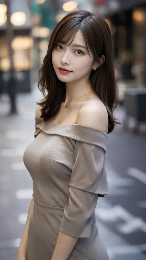 fullbody shot, medium brown hair woman, stand in city with blur background. wear an off-shoulder grey blouse dress, neckless, front view, left shoulder slightly dropped. soft, confident expression,naked,large breast