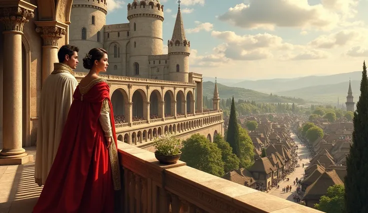 A prince and a Princess living in a palace looking at a village out of balcony 