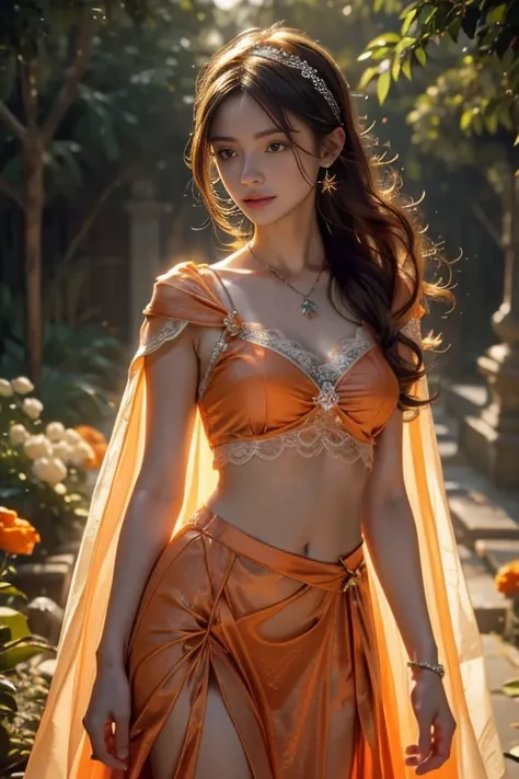 Top quality, masterpiece, ultra high definition, Original photo, 1 Girl, ((soft sardine)), cinematic lighting, very long hair, detailed eyes, small breasts, wind, necklace, piercing, ((soft dress)), ((strap clothing)), ((orange dress)), ((soft lace)), ((so...