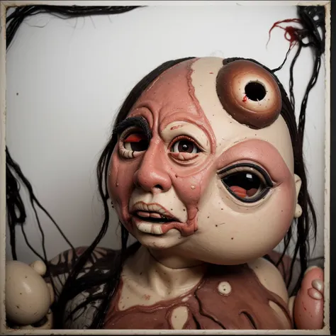 there are many different faces on this sculpture of a woman, stop motion character, stop - motion, weird art piece, dough sculpture, abstract claymation, stop motion, weird, claymation character, crazy, realistic cloth puppet, 3 heads, puppets, david choe,...