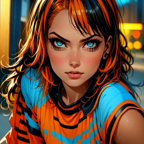 A girl with orange hair, with blue cyberpunk outfit, in a colorful meadow, at night