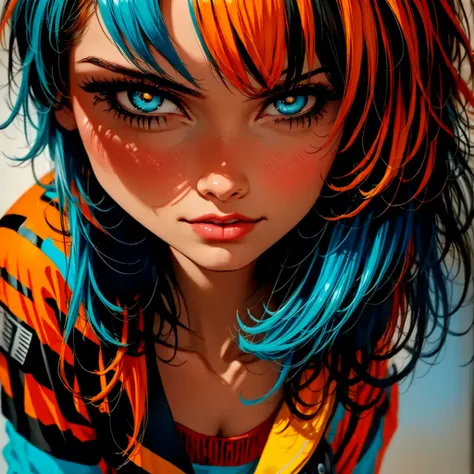 A girl with orange hair, with blue cyberpunk outfit, in a colorful meadow, at night