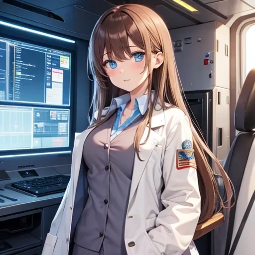  girl, blue eyes, brown and long hair, lab coat, Inside the spaceship, Short