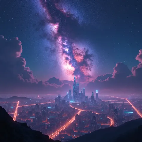 a breathtaking view of the Milky Way galaxy with cyberpunk aesthetics, neon lights, futuristic cityscape below, vibrant colors, cinematic atmosphere, detailed starry sky, high contrast, digital painting by Beeple and Artgerm, 8k resolution, highly detailed...