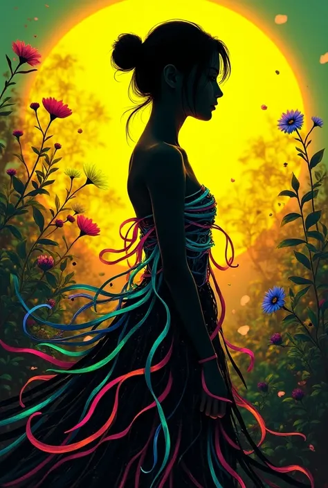 A cinematic shot of a cyberpunk deco style with a womans silhouette against a vibrant background. The woman has her hair tied in a bun and is wearing a dress made of bioluminescent threads and ribbons of various colors. The background has a mix of yellow, ...