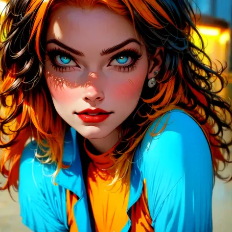 a girl with orange hair, with blue cyberpunk outfit, in a colorful meadow, at night