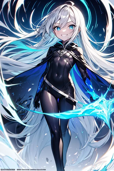 (full body),((Best Quality, masterpiece, Esoteric, Super Resolution)), One Girl, Alone, Pale skin, Ahoge, Gray Hair, Abnormally long hair, blue eyes,  Hair between the eyes ,   flat chest, spooky, dark, cemetery, Blue Mist,  black dress to hang your body, ...