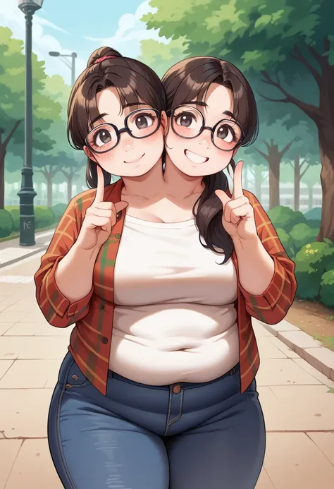 2heads, a chunky woman with two heads. She is outside in a park. She is wearing a plaid flannel shirt and jeans. White long hair in a ponytail. Large circular glasses. Nerdy, dorky. Dorky appearance, nerd. Cute soft face. Smiling, blushing.