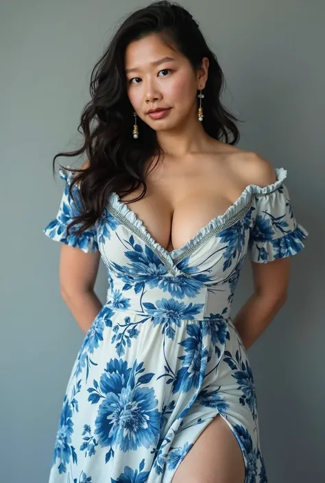  A sexy Hong Kong woman in a white dress is posing for a photo, Large Breasts，plump body，A portrait, face to viewer, wearing in a Summer Clothes, A tight-fitting long dress with a blue flower pattern , Blue and white dress, Rococo ruffle floral costume , g...