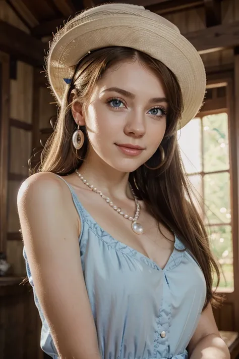  The best quality ,  Professional lighting  , natural light, super detailed, realistic,  beautiful detailed eyes , a fairytale scene ,1 girl, the 20th,cute ,pale skin, blue eyes,  brown hair, make up, earrings, baby shaved dress  , pearl necklace, japan ,C...