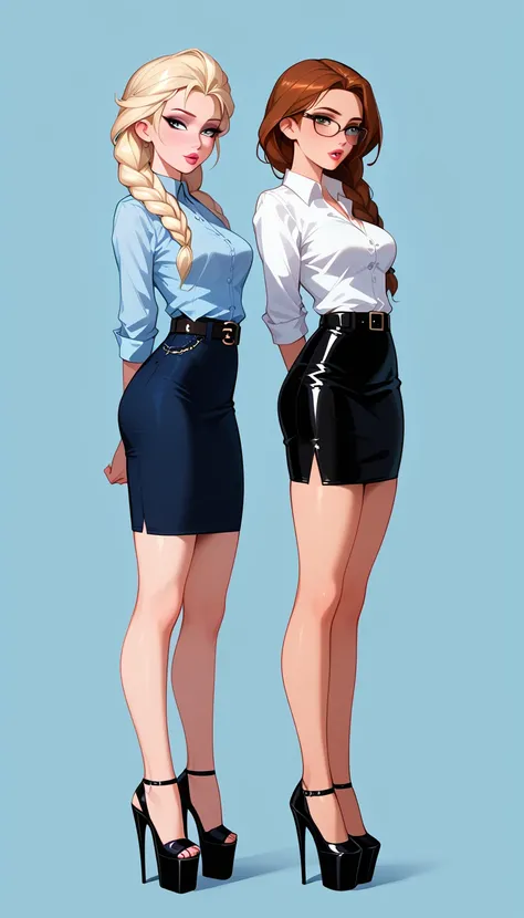 score_9, score_8_up, score_7_up, 2girls, duo, (anna, brown hair, braided pigtails, wearing tight pencil skirt, belt, blouse, spe...