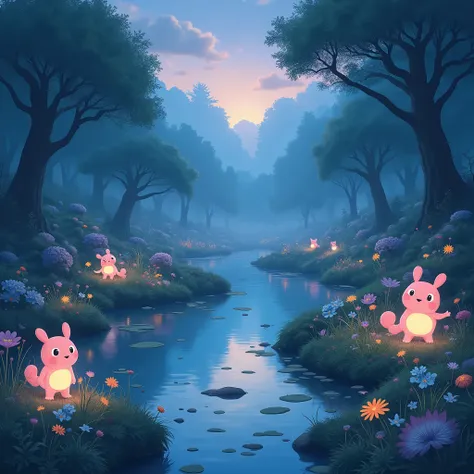 A whimsical twilight landscape inspired by Ghibli, dreamy atmosphere, soft pastel colors, enchanted forest with glowing creatures, delicate flowers, ethereal lighting, serene pond reflecting the sky, intricate details, cinematic composition, by Hayao Miyaz...