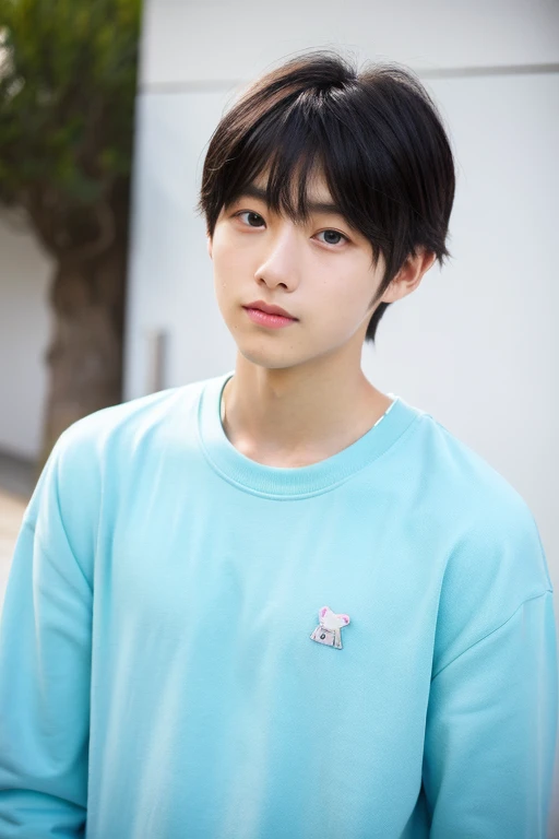 Very young-looking Korean MAN, Very kawaii, fofo, Sweet and gentle, super model,  with black hair with bangs ,  and Kawiii pastel blue sweatshirt , Realistic style and men 