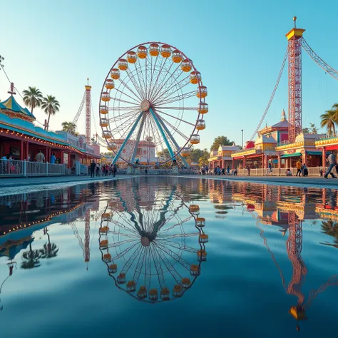 Amusement Park, On the calm water surface, the reflection of the amusement park forms a symmetrical picture, with lights and laughter rippling on the water. The colors are mainly the colorful amusement park and the blue of the water surface, and the light ...