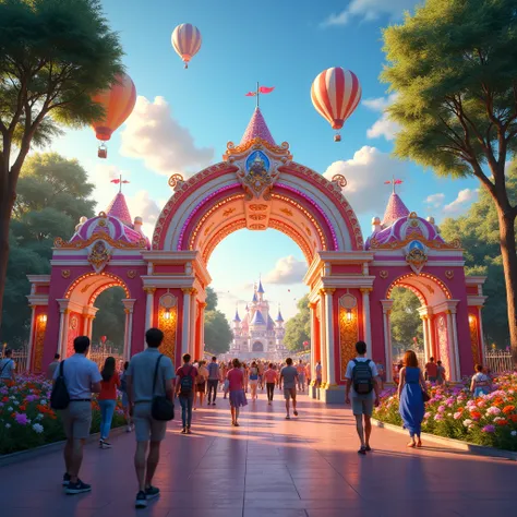 Amusement Park, A huge arch stands at the entrance, decorated with colorful lights and various cartoon characters. On both sides of the arch are tall trees and flowers, and tourists eagerly queue up to enter. There are several hot air balloons floating in ...