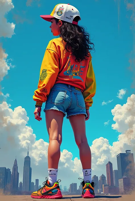  Help me create an image with the following descriptions  

*image:*

 - The  girl has her back , looking towards the horizon.
 - Backwards cap ,  with logos or urban symbols .
 - Colourful Nike sneakers .
 - Urban clothing ,  like a jacket or pants with p...