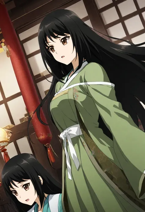 1girl, long black hair, brown eyes, cute, traditional chinese green dress, hanfu, CG