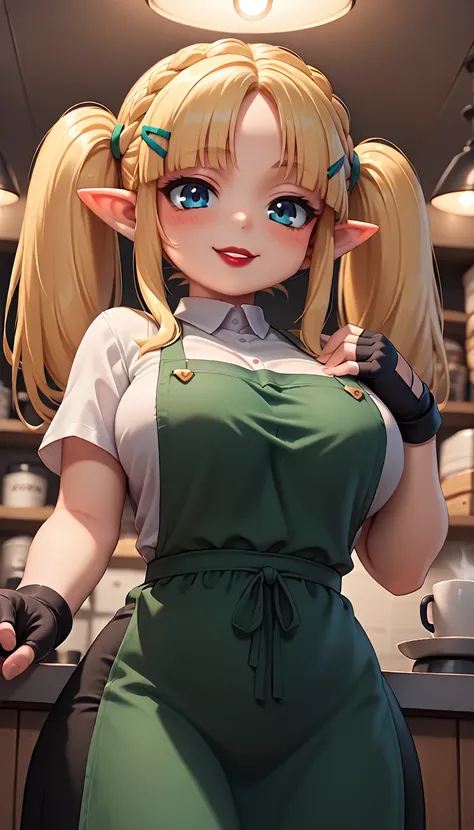 high resolution, Very detailed, perfect lighting, beautiful detailed eyes, ((masterpiece,The best quality)), absurdities, alone, princess zelda, breadthways, Crown braid, Hair clip, pointy ears, Fingerless gloves, Black gloves, smile, curves, nod, , deep n...