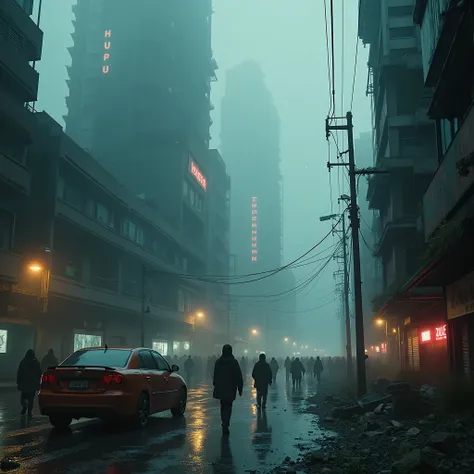  satellite image of a city that is in poor social condition, cyberpunk, ghost in the shell, Blade Runner, grim, rain, distopic , realistic,  high-resolution 
