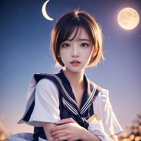 Best Quality, masterpiece, short hair, Sailor Moon, (Sailor suit: 1.3), White boots, Black and blue gradient hair, Dreamy petals, (((Beautiful Face))), (delicate face), Eyes filled with tears, Place your hands on your chest, front, A huge crescent moon in ...