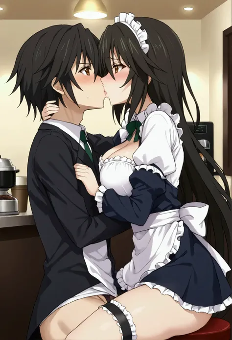 NSFW,masterpiece,Best Quality, high res, very detailed,Chifuyu Orimaru( Infinite Stratos),Long Hair、bangs、Black Hair、Hair between the eyes、 Brown Eyes ,Big Breasts,Maid uniform,Off the shoulder, micro mini skirt,Cleavage,Maid Headband, Thigh Straps,Lace pa...