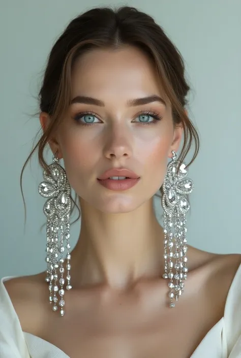 (masterpiece, Best Quality), intricate details, realist, photorealist, Full Body Portrait, Instagram Photo of a woman wearing aretes, Mary R., inspired by Emma Andijewska, wrapped in crystals, silver color, long aretes, sandra chevier, huge earrings, 2019, Blue-eyed, platinum jewelry, arete, impeccable structure, silver arete,  