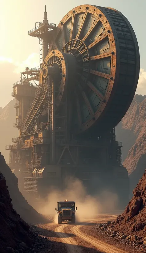 A massive mining dredger, its enormous bucket-wheel mechanism digging into the rocky earth of an open-pit mine, churning out tons of soil and ore. The machinery stretches across the barren landscape, its conveyor belts moving the raw material into waiting ...