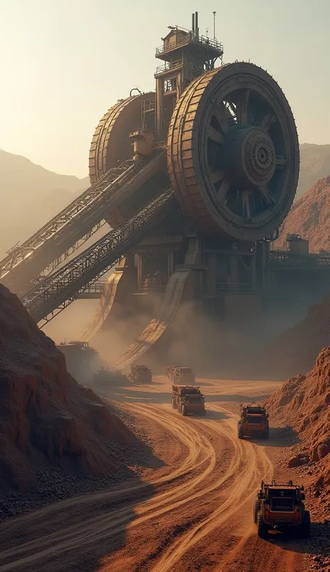 A massive mining dredger, its enormous bucket-wheel mechanism digging into the rocky earth of an open-pit mine, churning out tons of soil and ore. The machinery stretches across the barren landscape, its conveyor belts moving the raw material into waiting ...