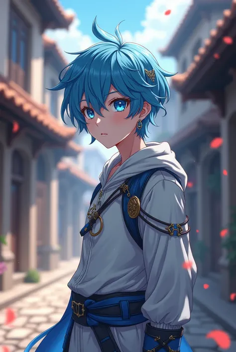 1 beautiful young teenage boy with sky blue hair and blue glow eyes, light blush, and a hair ornament, with a baby face and slim, toned, slender and chiseled body with nice abs and 6 packs, wearing revealing clothes, portrayed as a noble knight during the ...