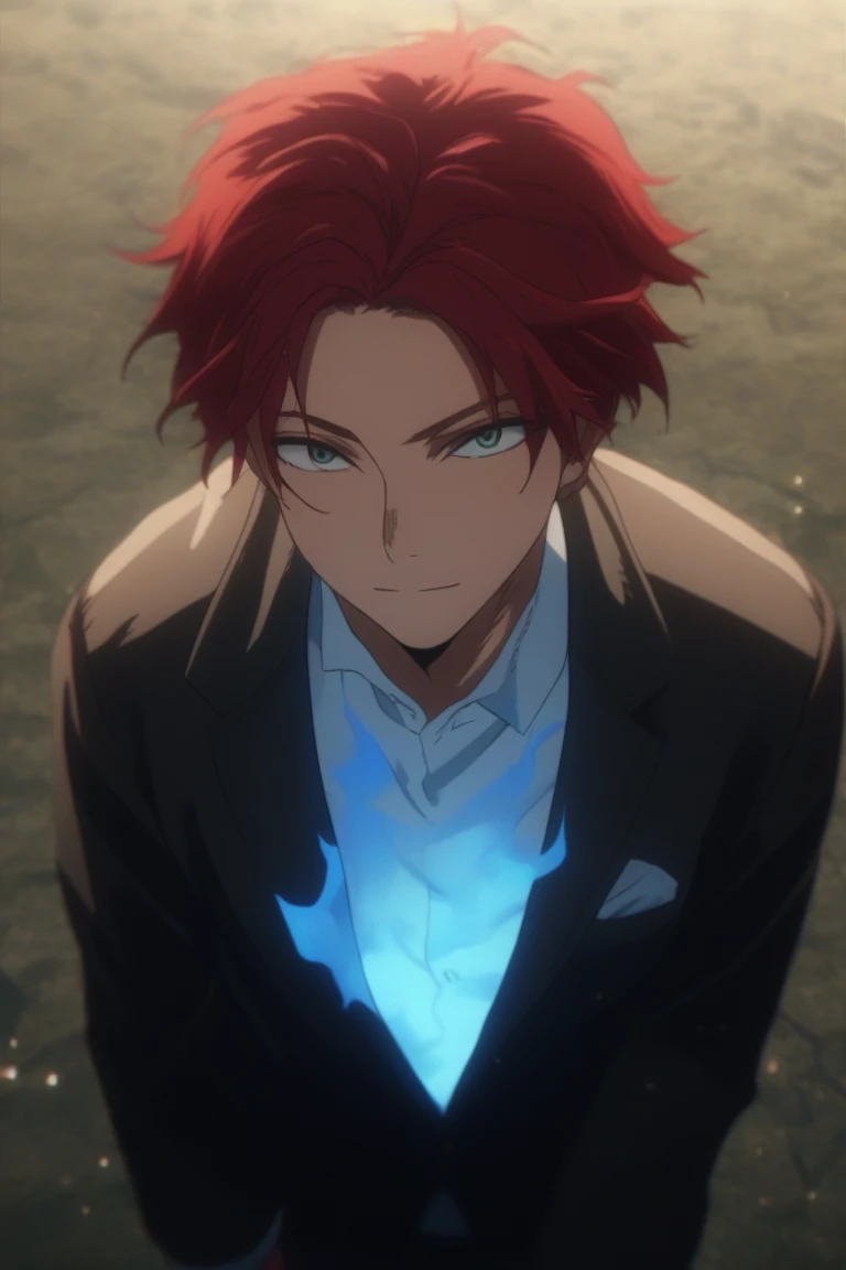  Hes a 21 year old adult , has red hair, slightly disheveled, turquoise eyes something ,  Hes dressed in a suit like Endeavor from the anime "my hero academia" but with blue flames , happy face, 8K, High quality,  masterpiece, normal lighting, anime effect...