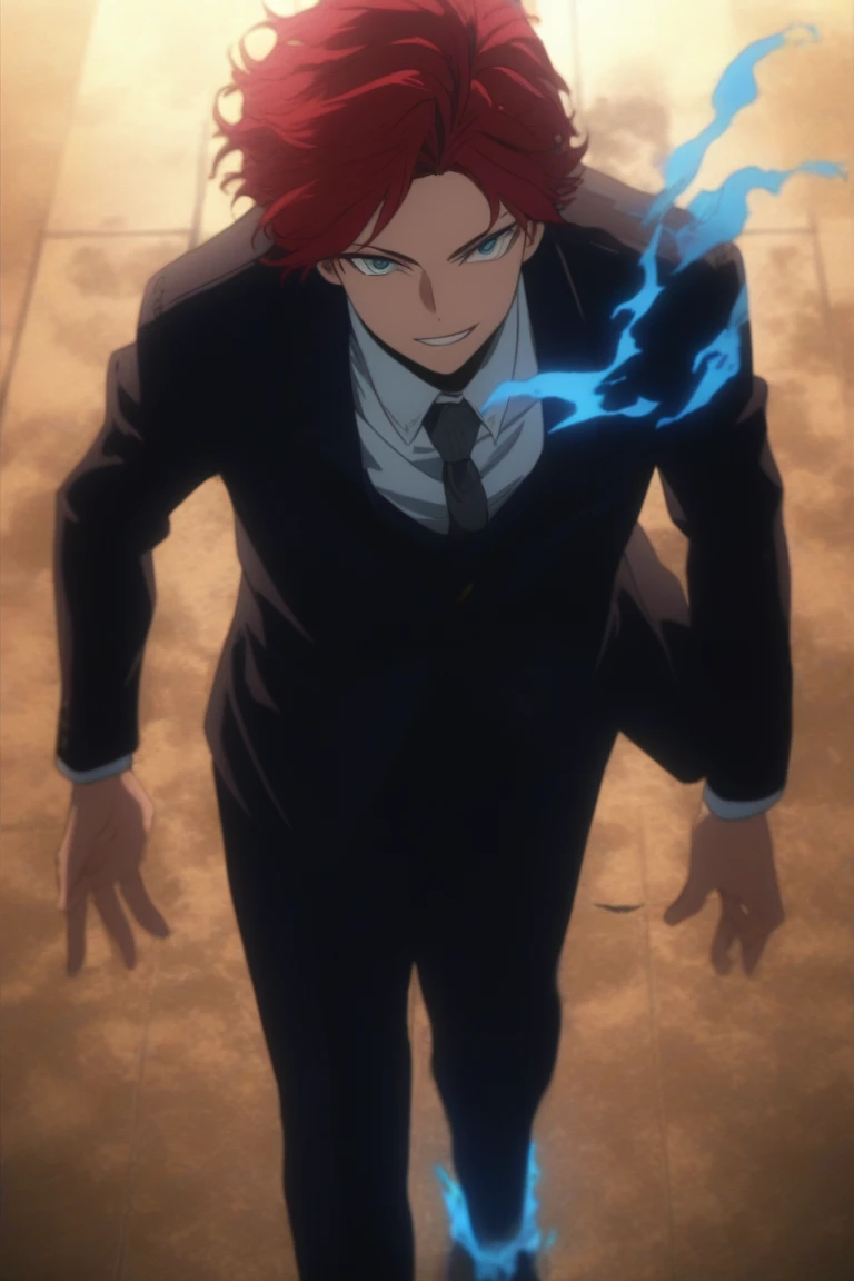  Hes a 21 year old adult , has red hair, slightly disheveled, turquoise eyes something ,  Hes dressed in a suit like Endeavor from the anime "my hero academia" but with blue flames , happy face, 8K, High quality,  masterpiece, normal lighting, anime effect...