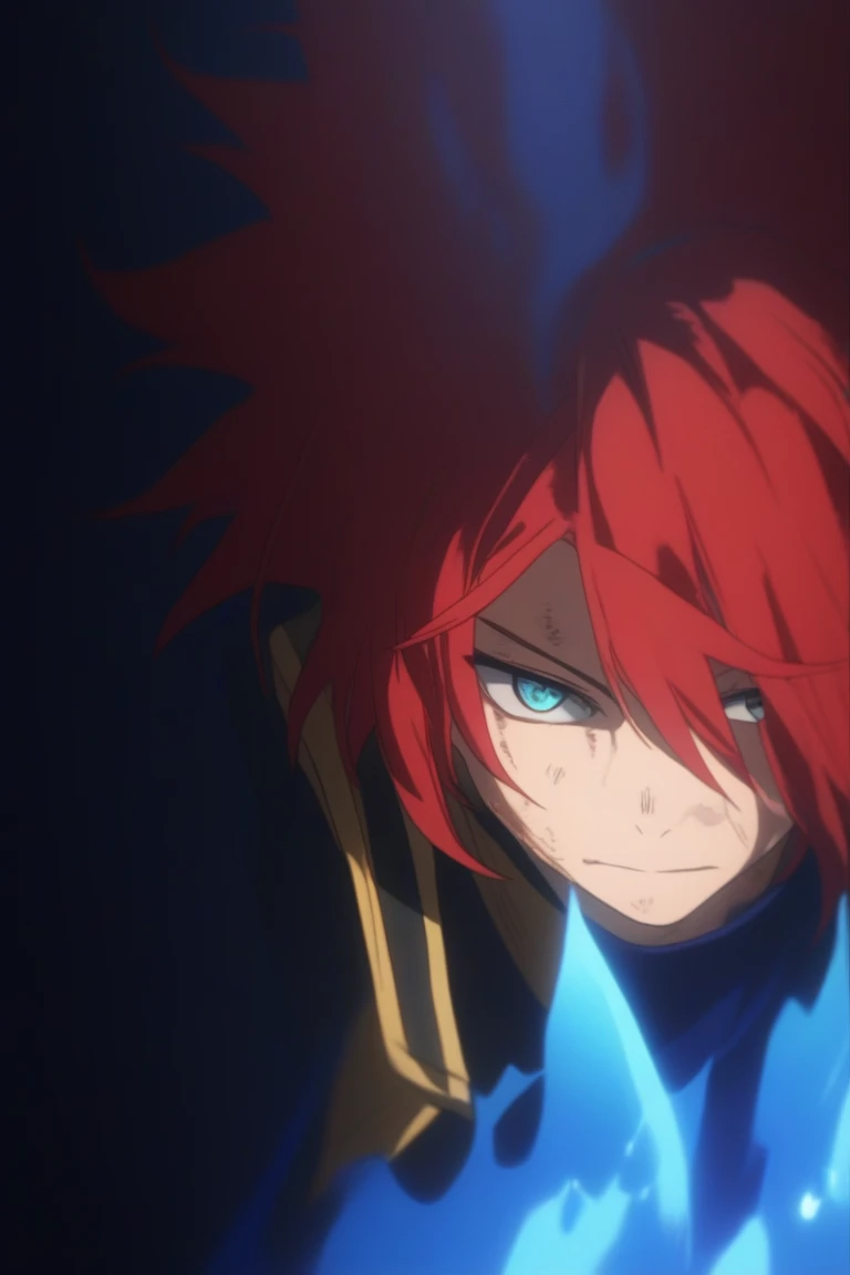  Hes a 21 year old adult , has red hair, slightly disheveled, turquoise eyes something , He is dressed in a hero costume like the one in Endeavor from the anime. "my hero academia" but with blue flames , happy face, 8K, High quality,  masterpiece, normal l...