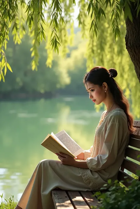 realistic woman reading book by lake,willow tree branches,bright colorful spring landscape,warm sunlight,cozy comfortable peaceful atmosphere,highly detailed,photorealistic,8k,hdr,studio lighting,vibrant colors,intricate details,masterpiece