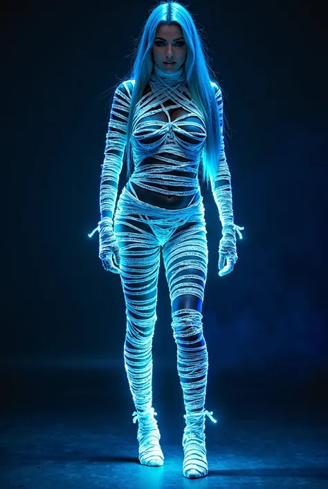 Full-body shot of Alexa Bliss as a scantily clad mummy in blacklight wrappings