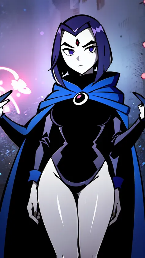 raven from teen titans, standing in a dark, mystical setting with glowing violet and indigo energy swirling around her. her dark...