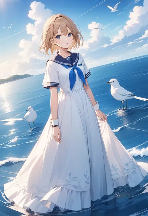 mizunashi akari, uniform, dress, white dress, have, sailor collar,short sleeve,cuff turn-up,two blue lines, ocean, on the water,...