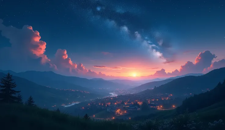 a starry night sky over a peaceful village nestled among rolling hills, highly detailed, cinematic lighting, vibrant colors, dramatic clouds, glowing stars, moody atmosphere, serene landscape, photorealistic, 8k, best quality, highly detailed