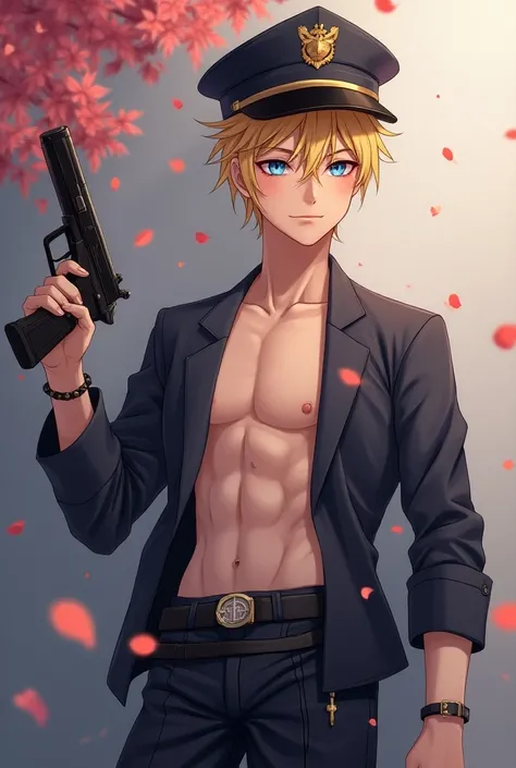 1 beautiful young teenage boy with golden hair and blue glow eyes, light blush, and a hair ornament, with a baby face and slim, toned, slender and chiseled body with nice abs and 6 packs, bulging muscles, wearing revealing clothes, portrayed as a police du...