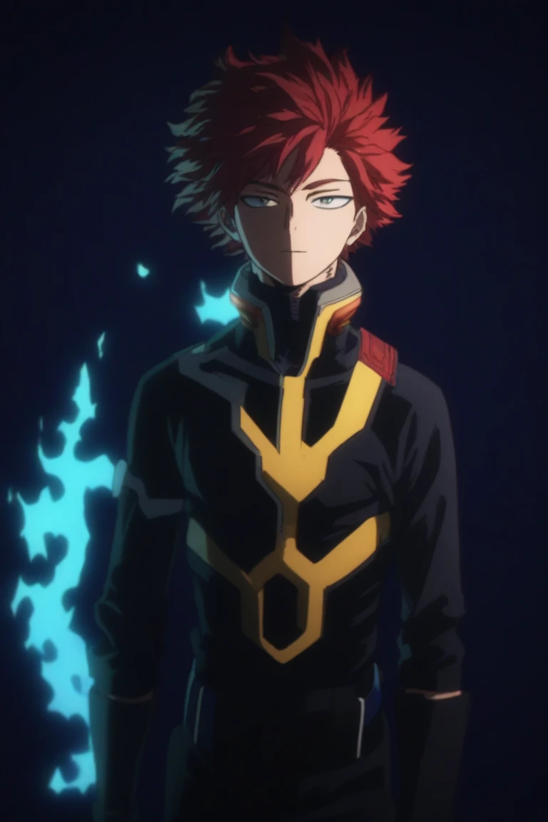 He is a 21 year old adult , has red hair, slightly disheveled, turquoise eyes, He is dressed in the Endeavors hero suit from "my hero academia" but with blue flames, happy face, 8K, High quality, masterpiece, normal lighting, anime effect MHA , bright colo...