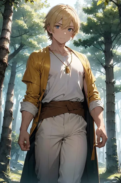 " A sturdy and muscular man , Kael,  with short, light blond hair ,  wears a light yellow robe with details in gold . His white pants ,  that ends before his calves ,  are light and elegant .  He is standing in a bio-luminescent forest ,  surrounded by tre...