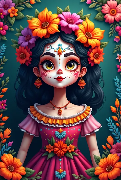 Catrina mexicaine avec visage enfantin et maquillage de catrina mexicaine avec une couronne de fleurs dans les cheveux et une robe mexicaine et beaucoup de couleurs autour delle et sur sa robe