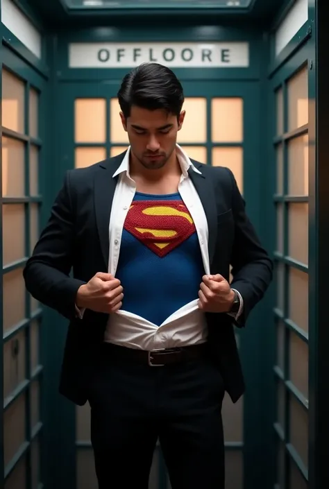 a reporter known as Clark Kent ,a 30-year-old Korean face, attractive, a suit with muscular,, black dress pants (tearing his white business shirt:1.2) with both hands, taking off an unbuttoned white shirt, showing the blue Superman suit under his (torn at ...