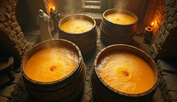 top view image of giant wooden beer barrels with golden beer inside, in the ancient beer cellar in the underground cellar of the castle. background Workers wearing thick cloth cloaks, are manually working with barley grains. Light from torches and golden s...